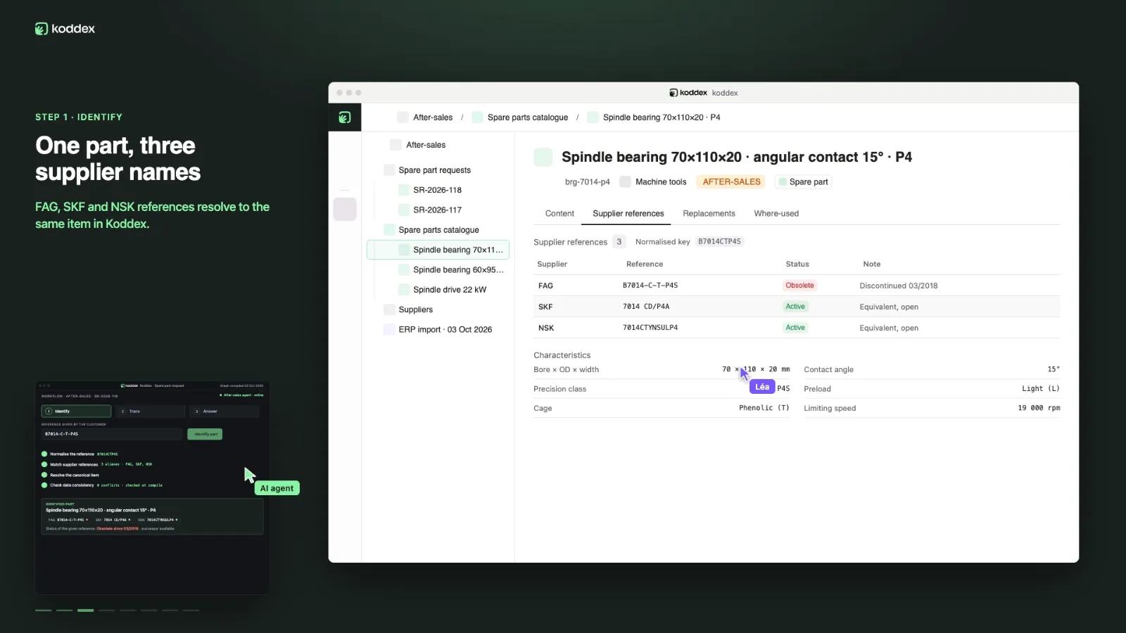 One part, three supplier names, one item in Koddex.